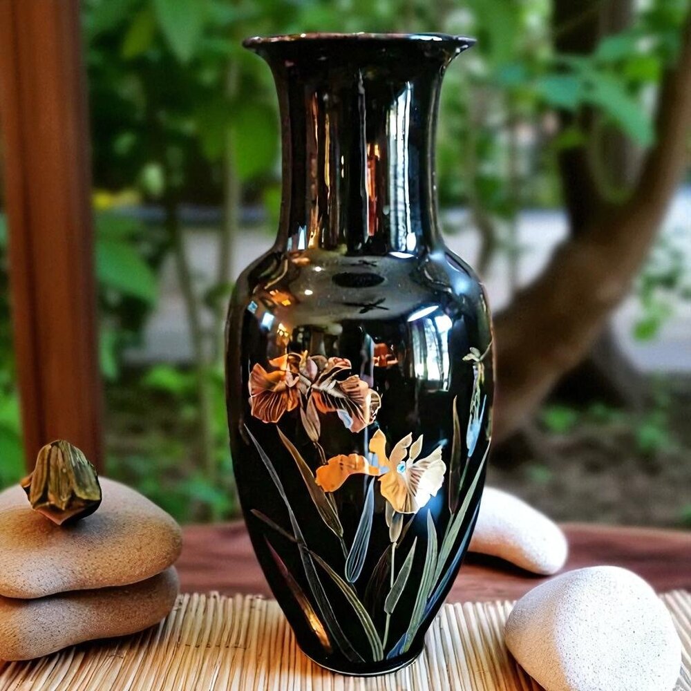 LARGE 14.5" High JAPANESE Black and gold ornamental vase vintage